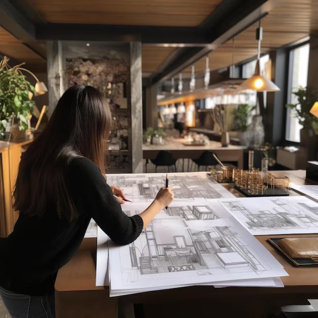 mujer sentada a la mesa con dibujo de casa